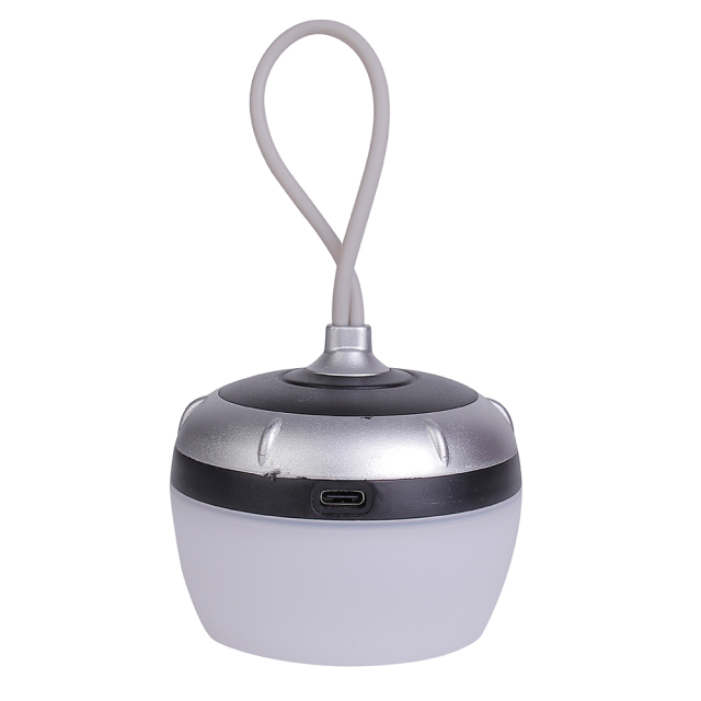 Back view of the silver rechargeable hanging tent light highlighting the Type-C charging port.