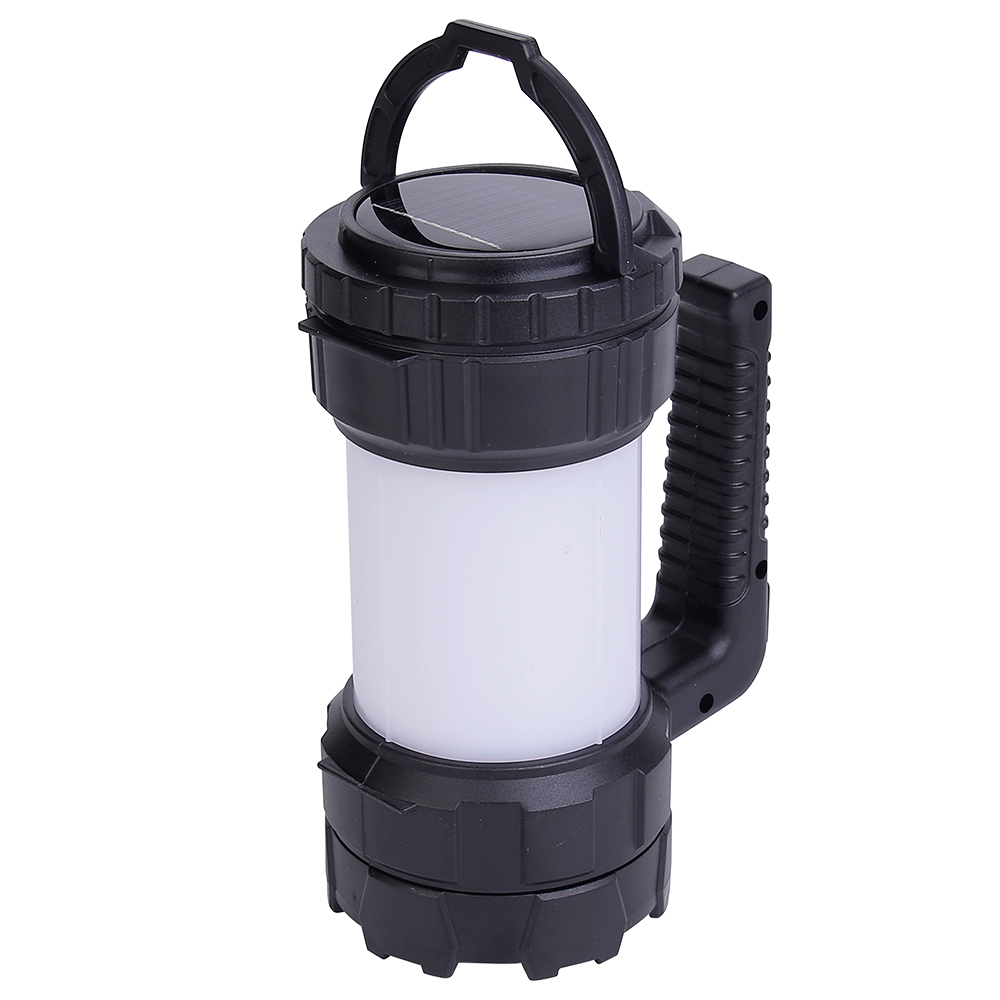 Front view of the solar LED lantern standing upright with its top hanging handle extended.