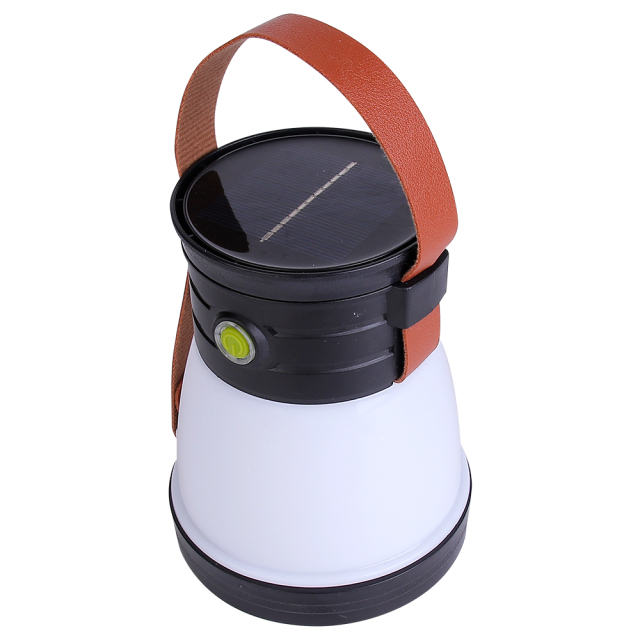 Top-down view of the camping lantern showing the integrated solar charging panel on top.