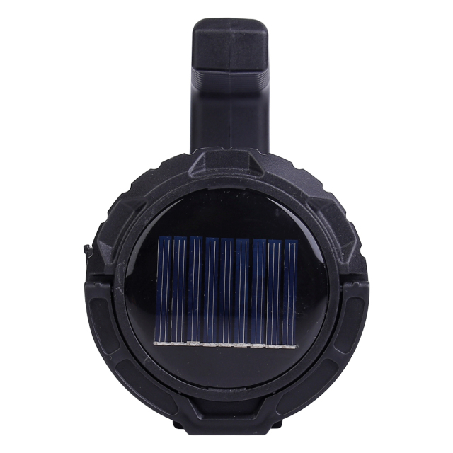 Bottom-up view showing the integrated solar charging panel on the base of the camping light.