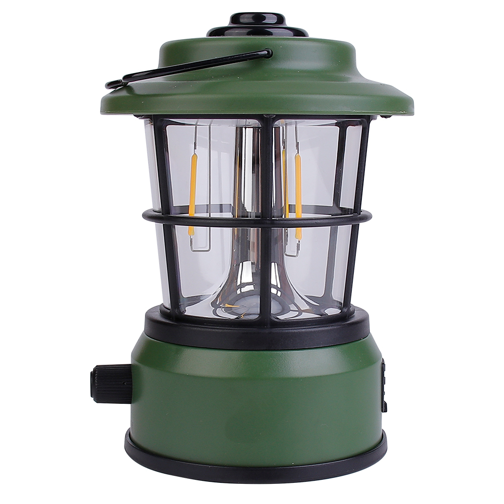 Side view of the vintage camping lantern showing the rotary switch knob for brightness control.
