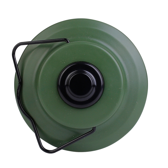Top-down view of the dark green vintage camping lantern showing the top cap and handle attachment.
