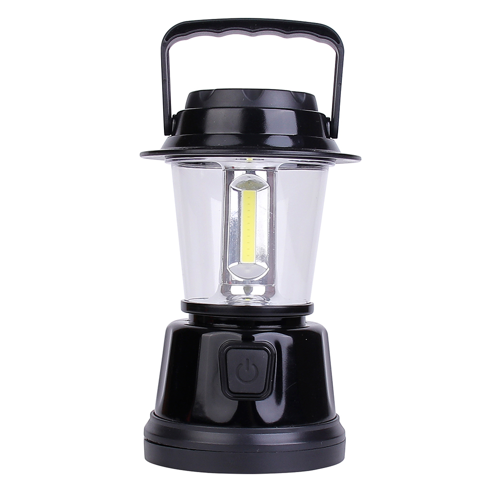 Front view of a black vintage camping lantern featuring bright COB LEDs and a raised top handle.