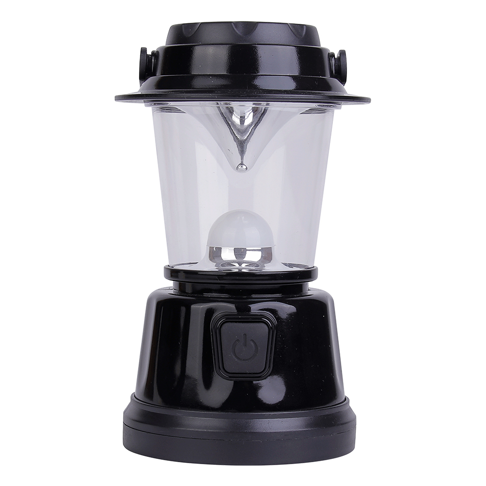 Front view of the black vintage camping lantern with standard LED light source.