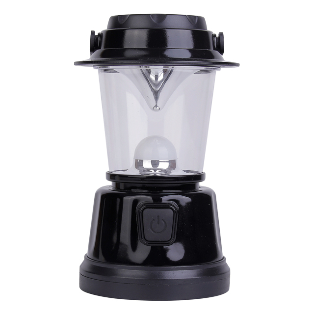 Front view of the black vintage camping lantern with standard LED light source.