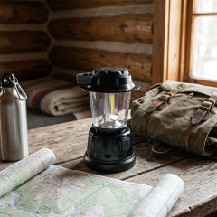 A black vintage LED camping lantern sitting on a wooden table in a log cabin next to a backpack and map.