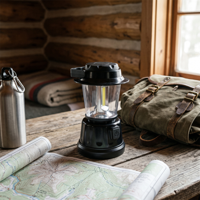 A black vintage LED camping lantern sitting on a wooden table in a log cabin next to a backpack and map.
