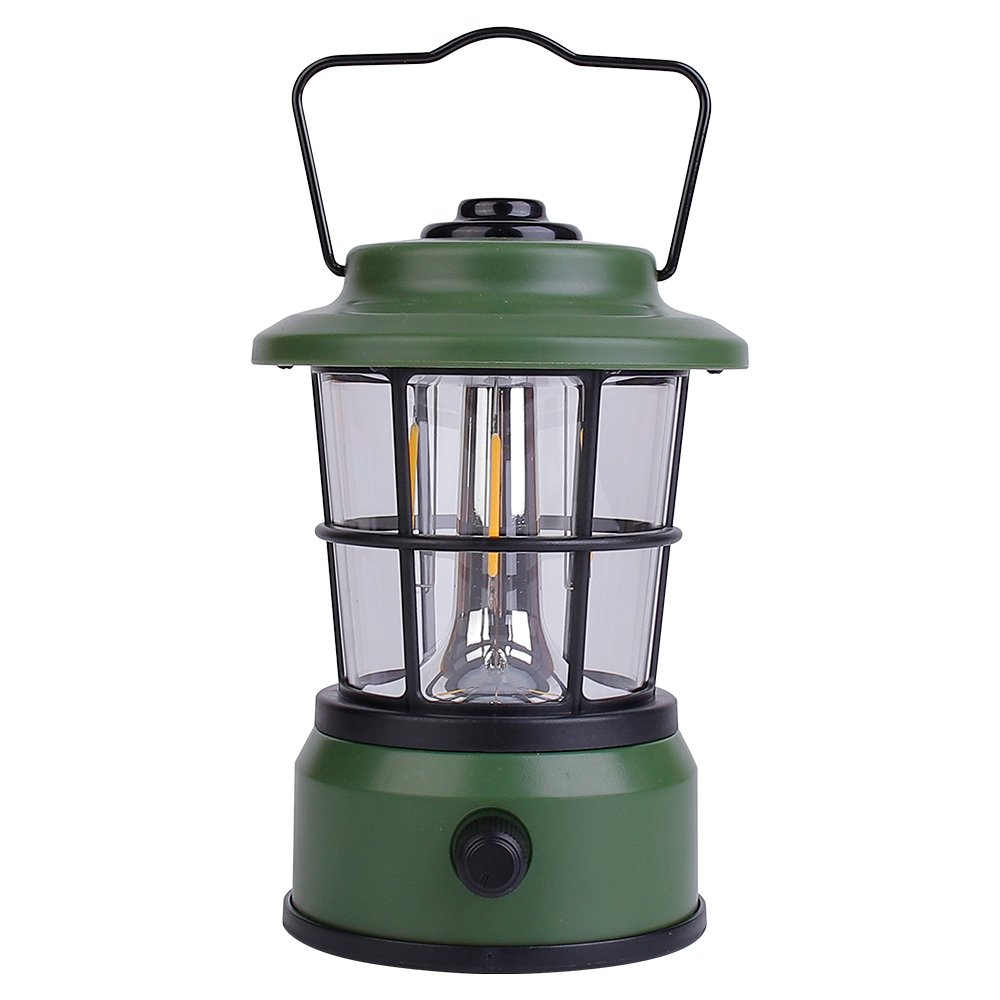 Front view of the dark green vintage LED lantern with its metal carrying handle raised.