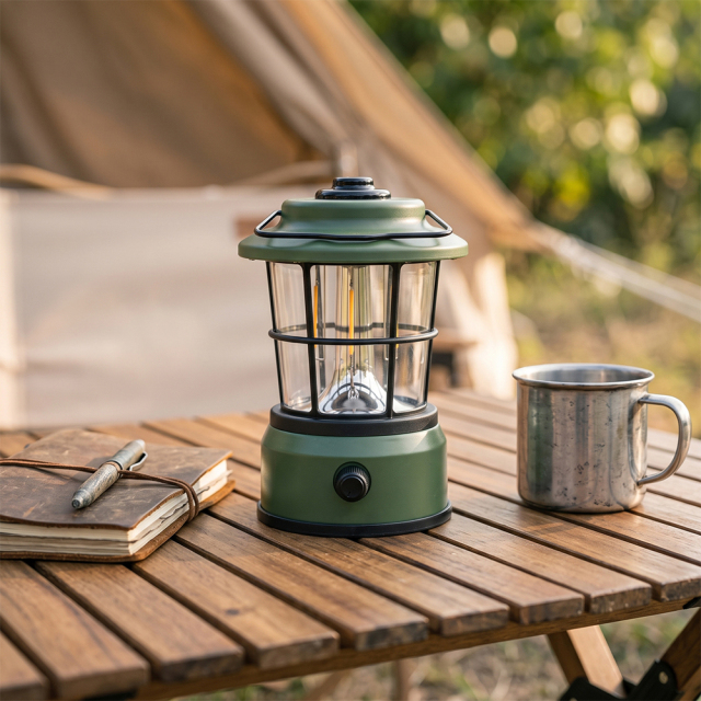 A dark green vintage LED tungsten camping lantern sitting on a wooden camping table next to a notebook and mug.