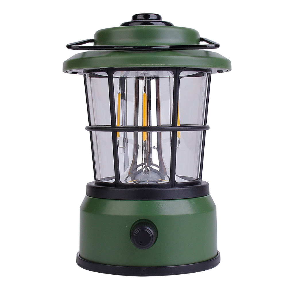 Front view of a dark green vintage LED tungsten filament camping lantern.