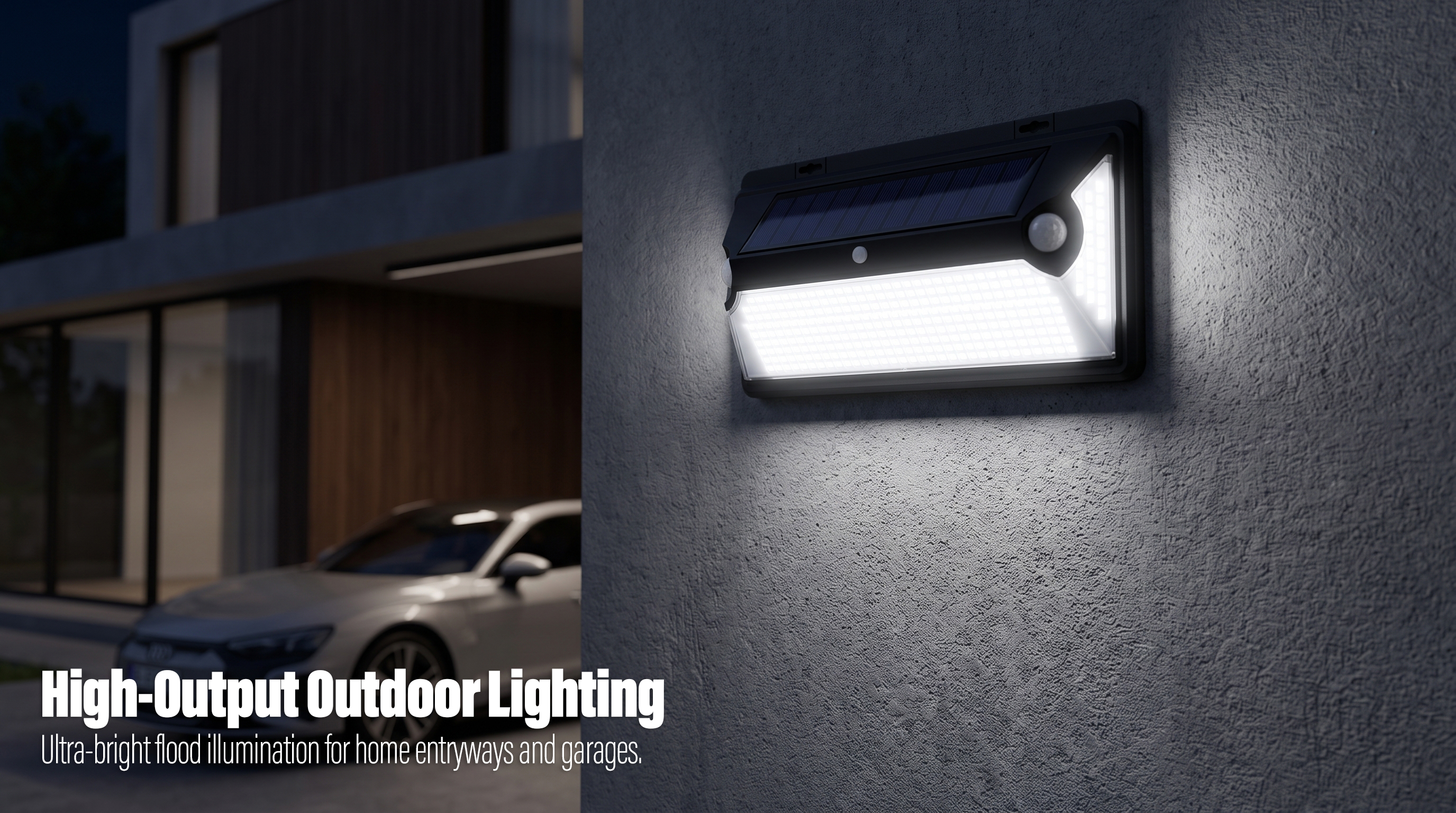 A high-power solar motion sensor wall light glowing brightly on a concrete wall outside a modern garage at night.