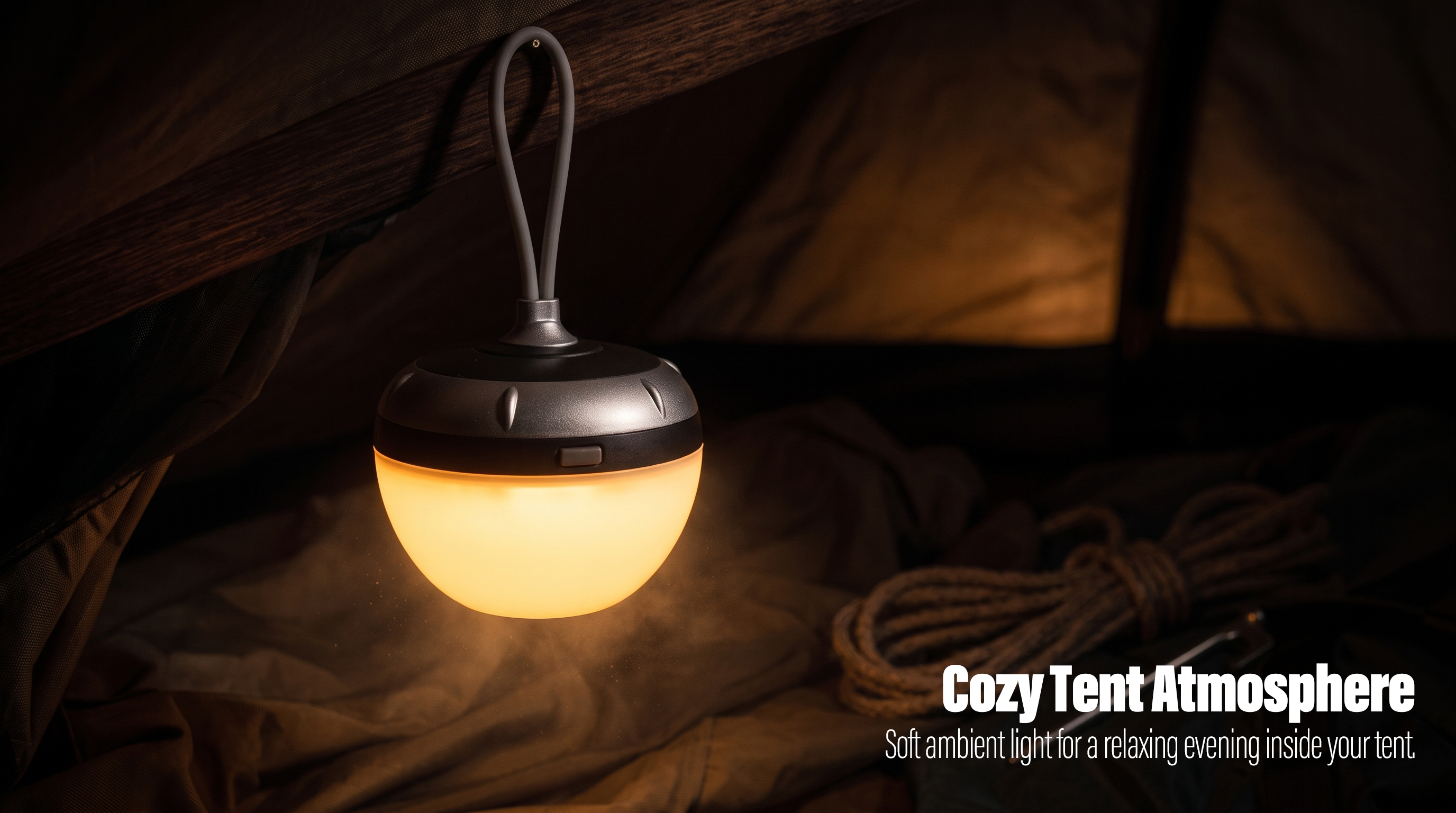 A mini LED tent light hanging from a wooden beam inside a dark tent glowing with warm soft light.