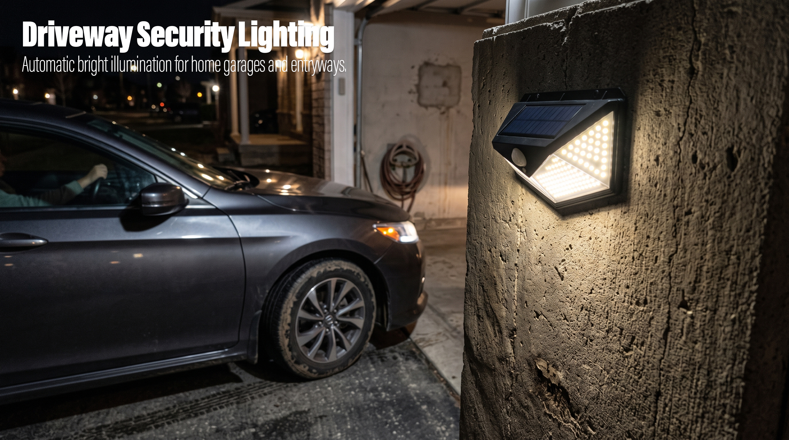 A solar motion sensor wall light mounted on a concrete wall automatically illuminating a car entering a garage at night.