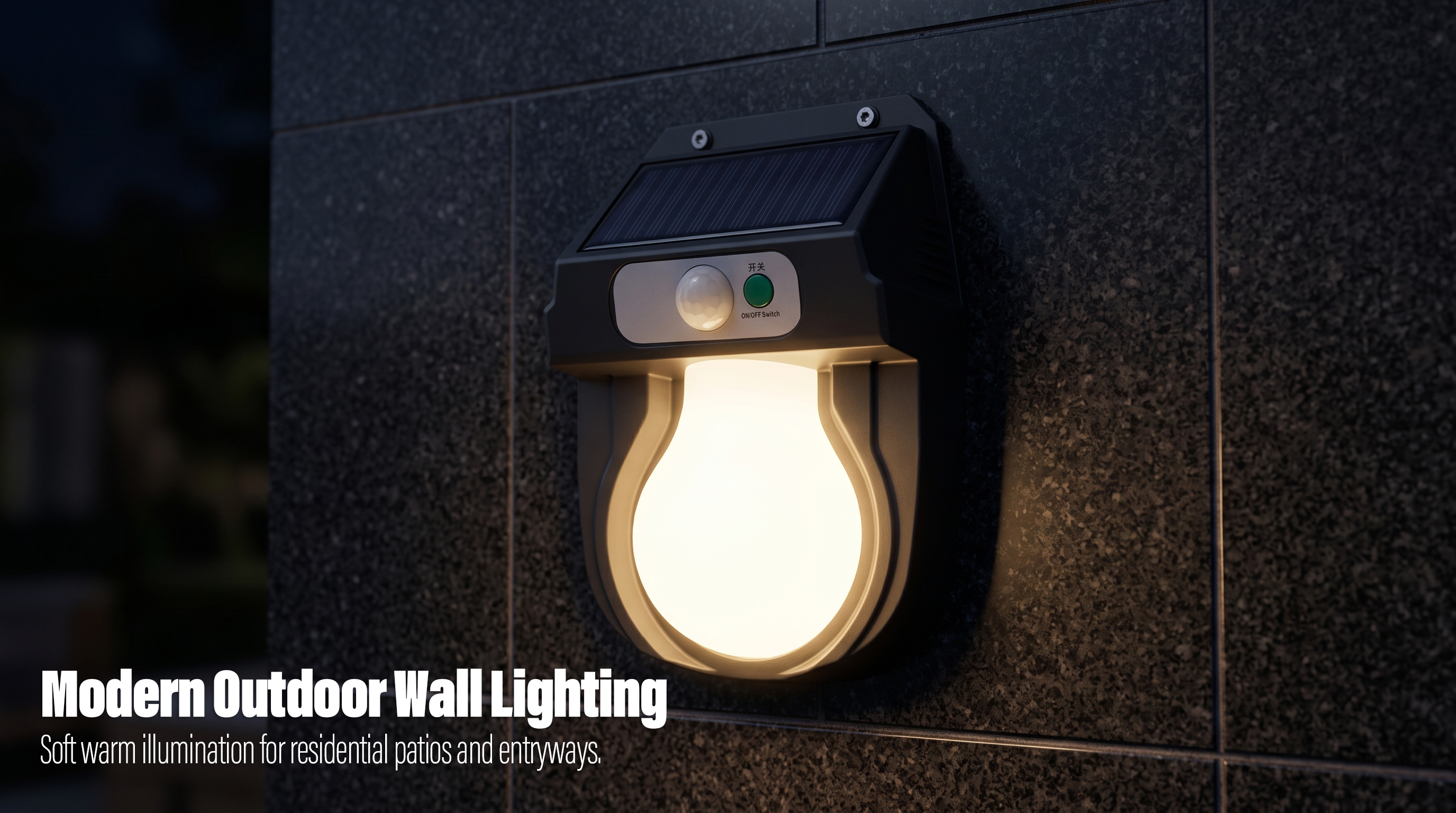 A modern solar motion sensor wall light glowing with warm light on a dark tile wall at night.