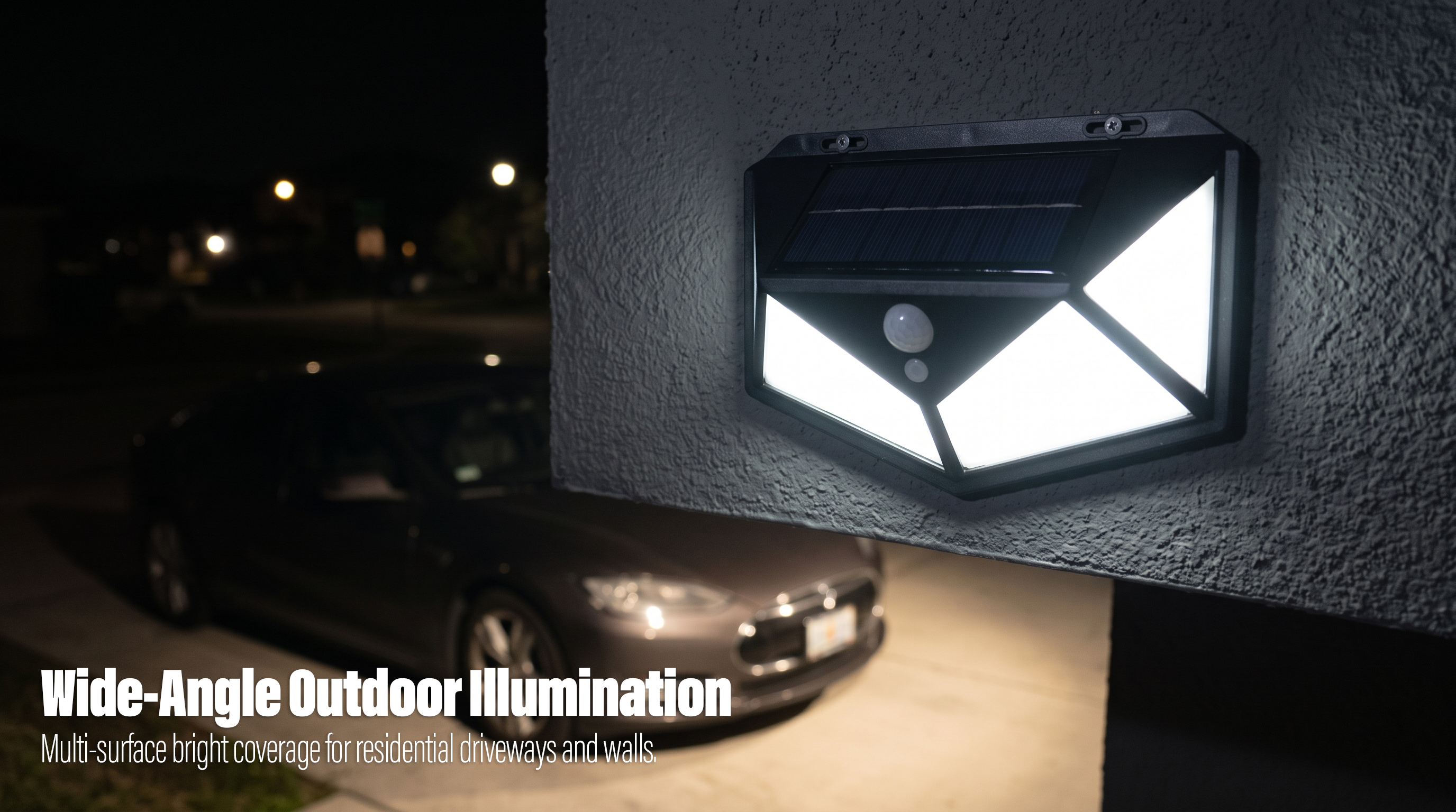 A wide-angle solar motion sensor wall light glowing brightly on an exterior wall over a parked car at night.