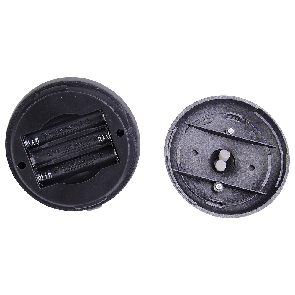 Internal view of the battery-operated tent light showing the 3 x AAA battery compartment opened.
