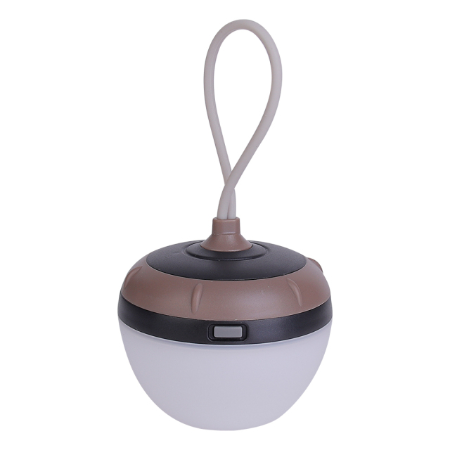 Front view of the compact hanging LED tent light in brown and black finish.