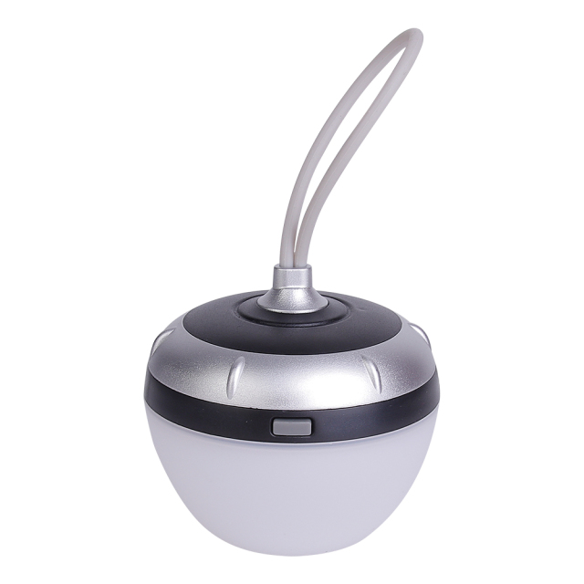 Top-perspective view of a silver mini hanging LED tent light with a silicone lanyard.