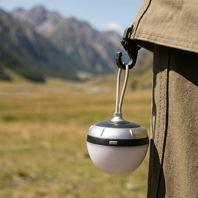A mini LED tent light hanging from a hook on a camping tent outdoors with mountains in the background.