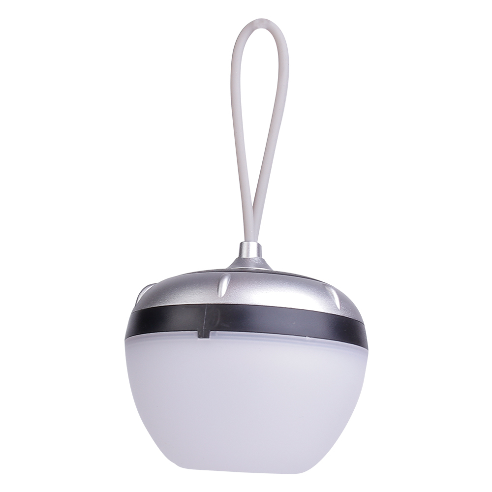Front view of a portable LED tent light featuring a round white diffuser and a silver top cover.