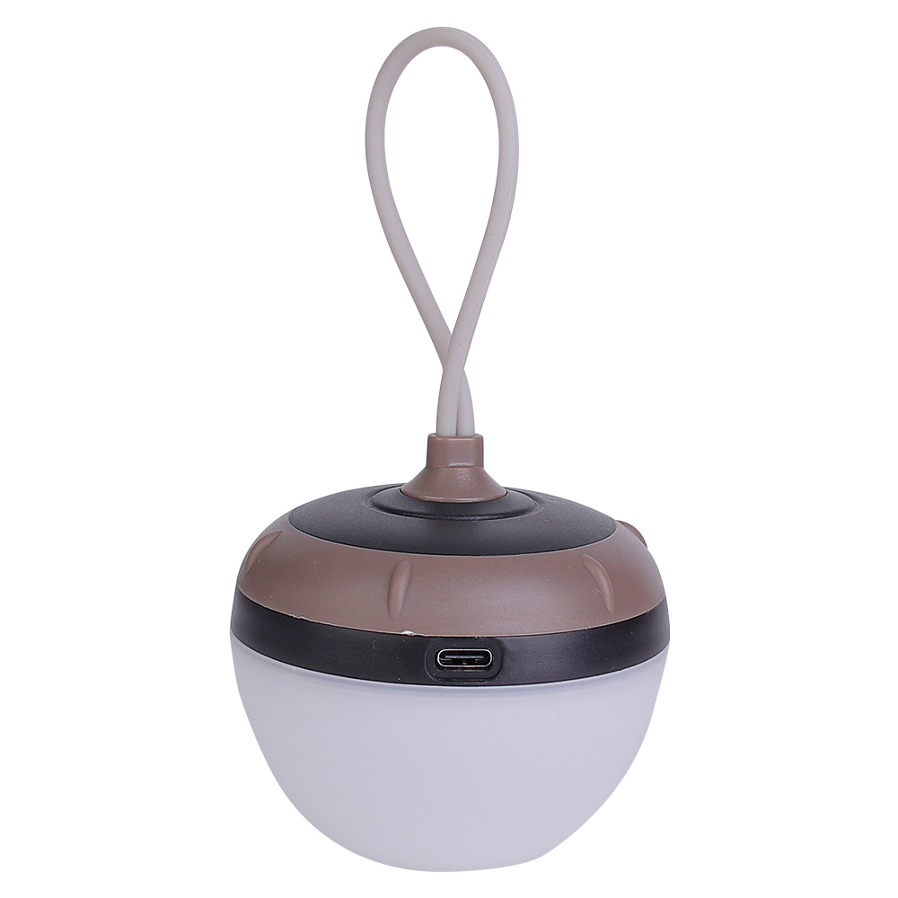 Back view of the brown rechargeable LED tent light highlighting the Type-C USB charging port.
