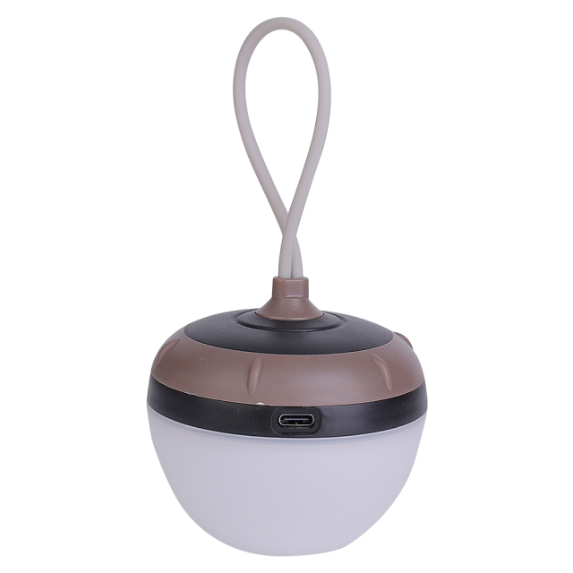 Back view of the brown rechargeable LED tent light highlighting the Type-C USB charging port.