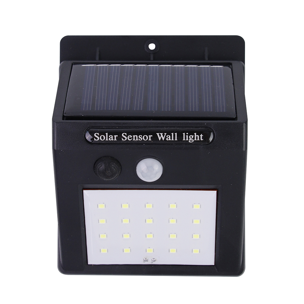 Front view of a solar motion sensor outdoor wall light with integrated solar panel and sensor.