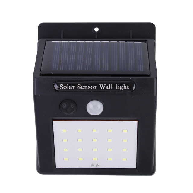Front view of a solar motion sensor outdoor wall light with integrated solar panel and sensor.