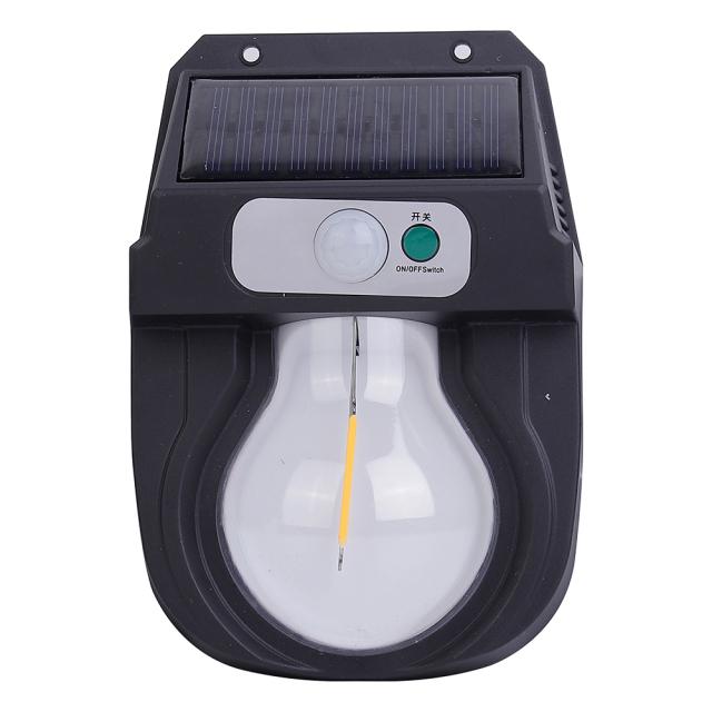 Front view of a solar tungsten bulb motion sensor outdoor wall light with integrated solar panel.