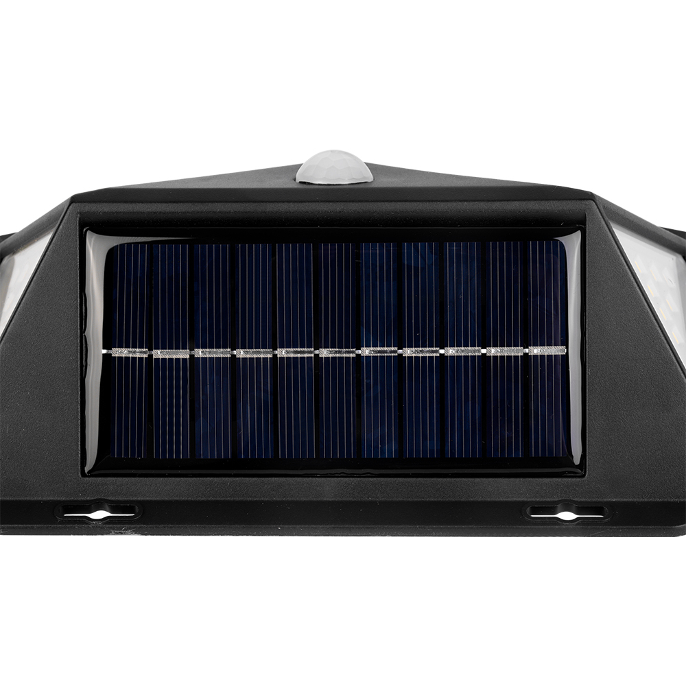 Close-up view of the top solar charging panel and mounting bracket of the outdoor wall light.