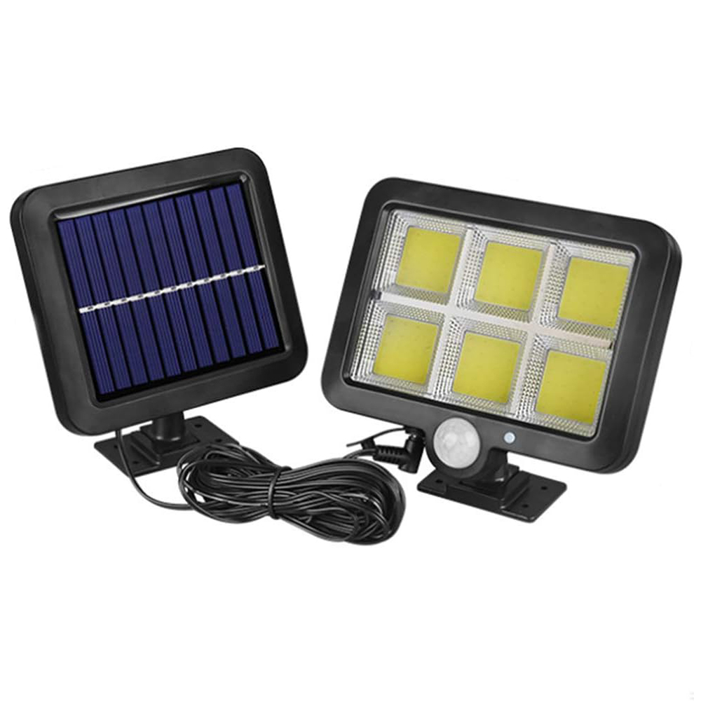 Front view of a split solar motion sensor flood light with multiple COB panels.