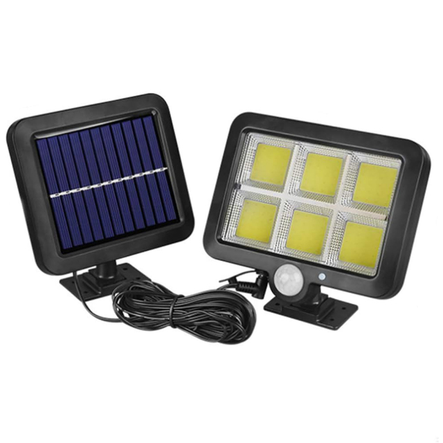 Front view of a split solar motion sensor flood light with multiple COB panels.