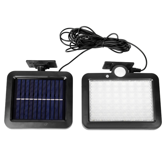 Product view of a split solar panel and a motion sensor LED light head with connecting cable.