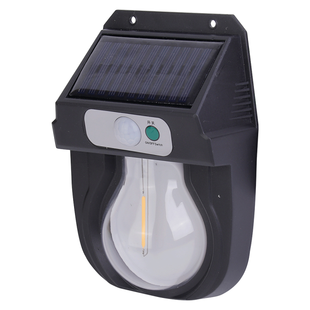 Perspective side view of the vintage solar tungsten motion sensor outdoor wall light.