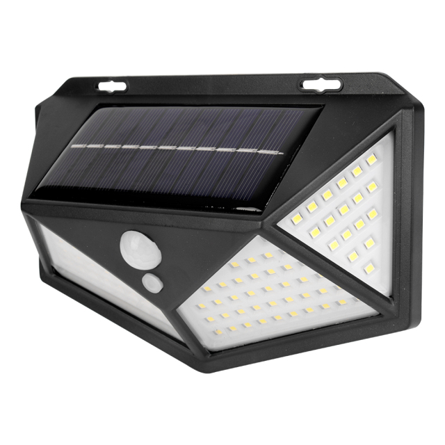 Perspective right side view highlighting the angled illumination panels of the solar wall light.