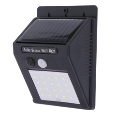Perspective side view of the black waterproof solar motion sensor wall light.