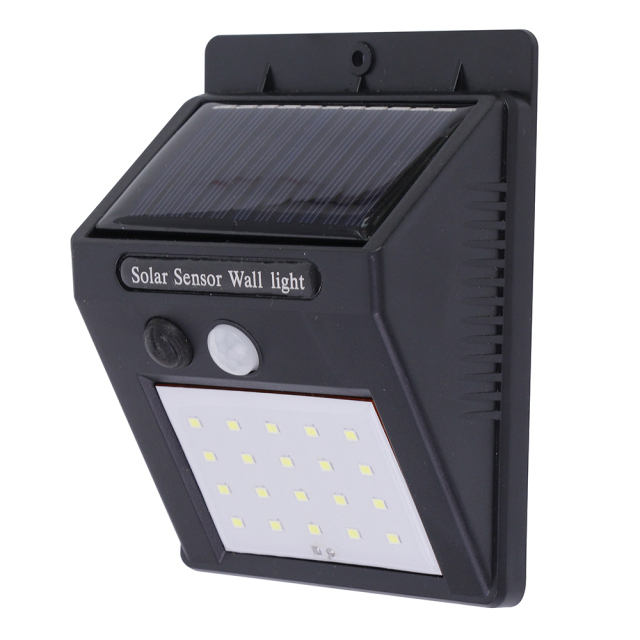Perspective side view of the black waterproof solar motion sensor wall light.