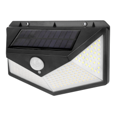 Perspective side view showing the multi-angle side LED panels of the solar motion sensor light.