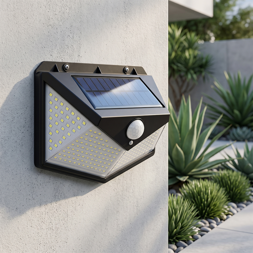 A wide-angle solar motion sensor outdoor wall light mounted on a concrete wall in a daytime garden setting.