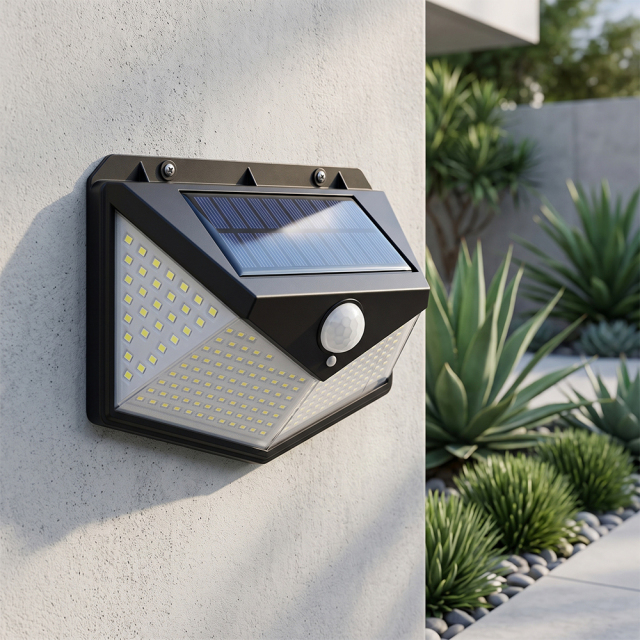 A wide-angle solar motion sensor outdoor wall light mounted on a concrete wall in a daytime garden setting.