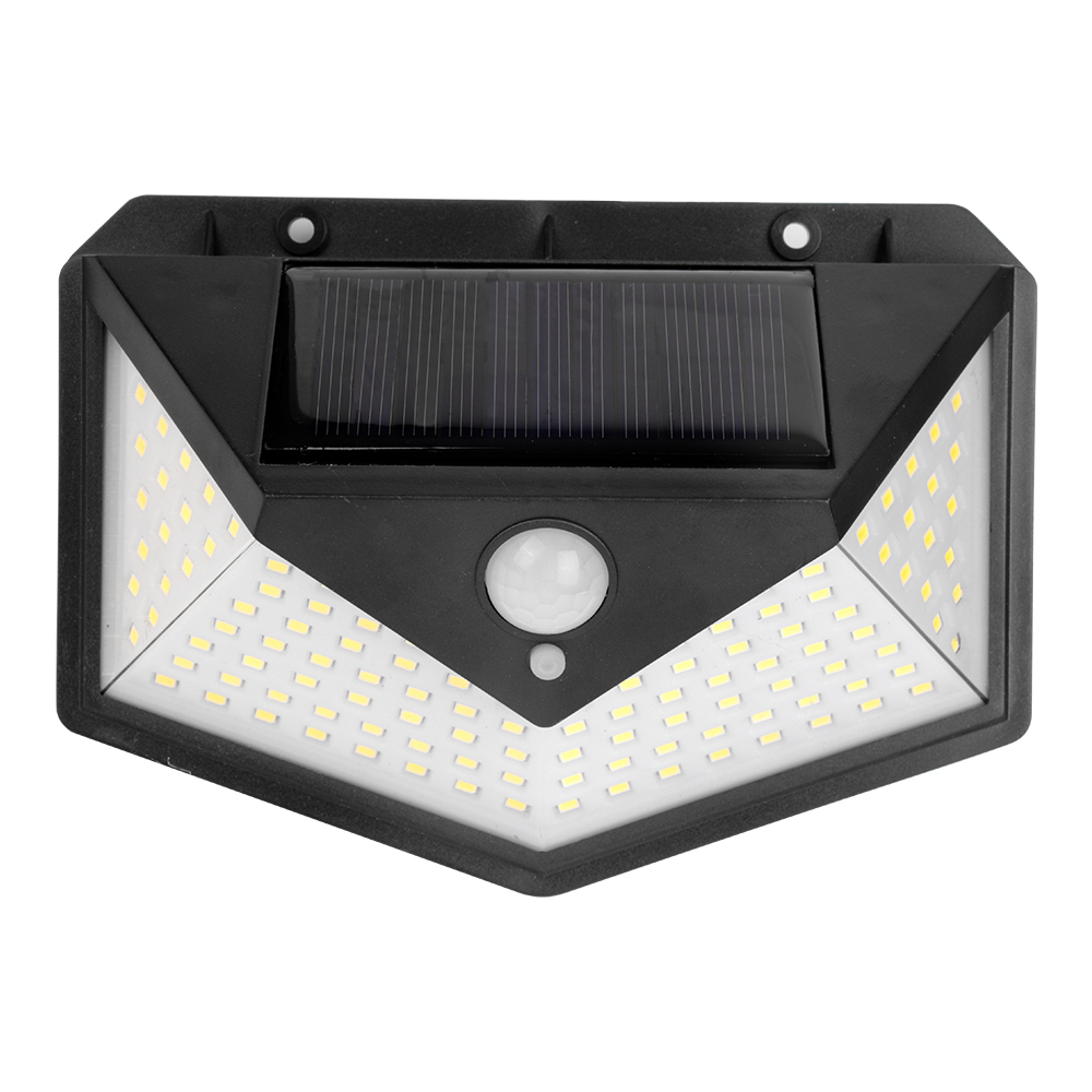 Front view of a wide angle solar motion sensor outdoor wall light with multi-surface LED design.
