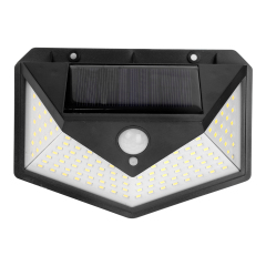 Front view of a wide angle solar motion sensor outdoor wall light with multi-surface LED design.