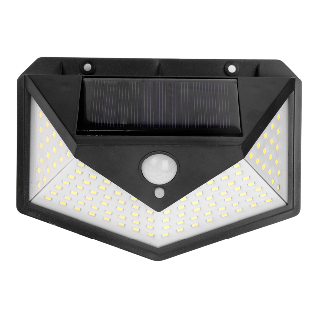 Front view of a wide angle solar motion sensor outdoor wall light with multi-surface LED design.