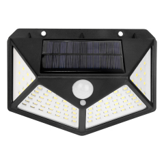 Front view of a wide-angle solar motion sensor outdoor wall light with multi-surface LED design.