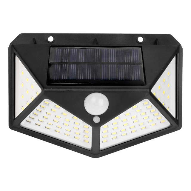 Front view of a wide-angle solar motion sensor outdoor wall light with multi-surface LED design.