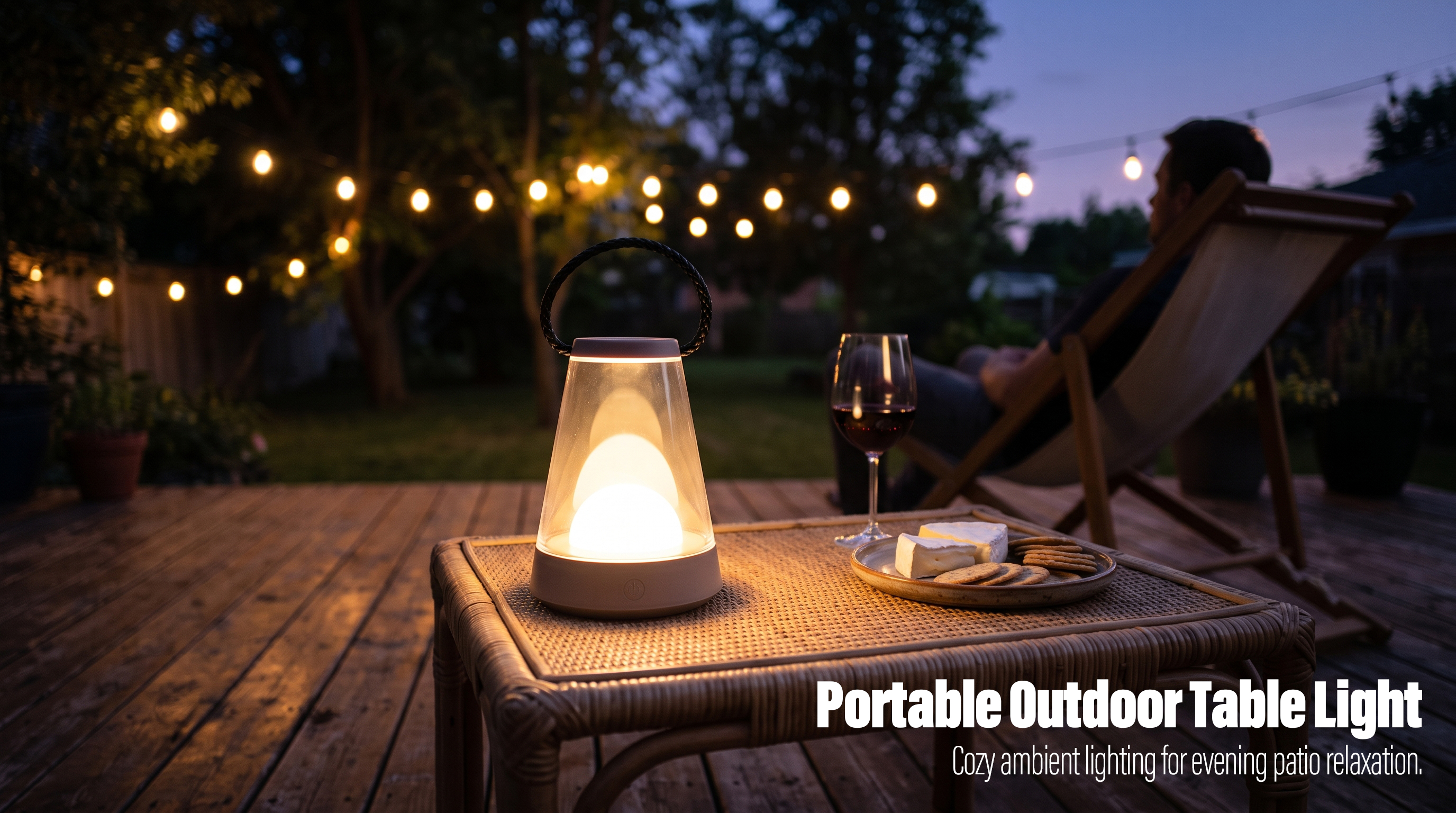 A portable outdoor table lantern glowing warmly on a wicker table on a wooden deck during evening.