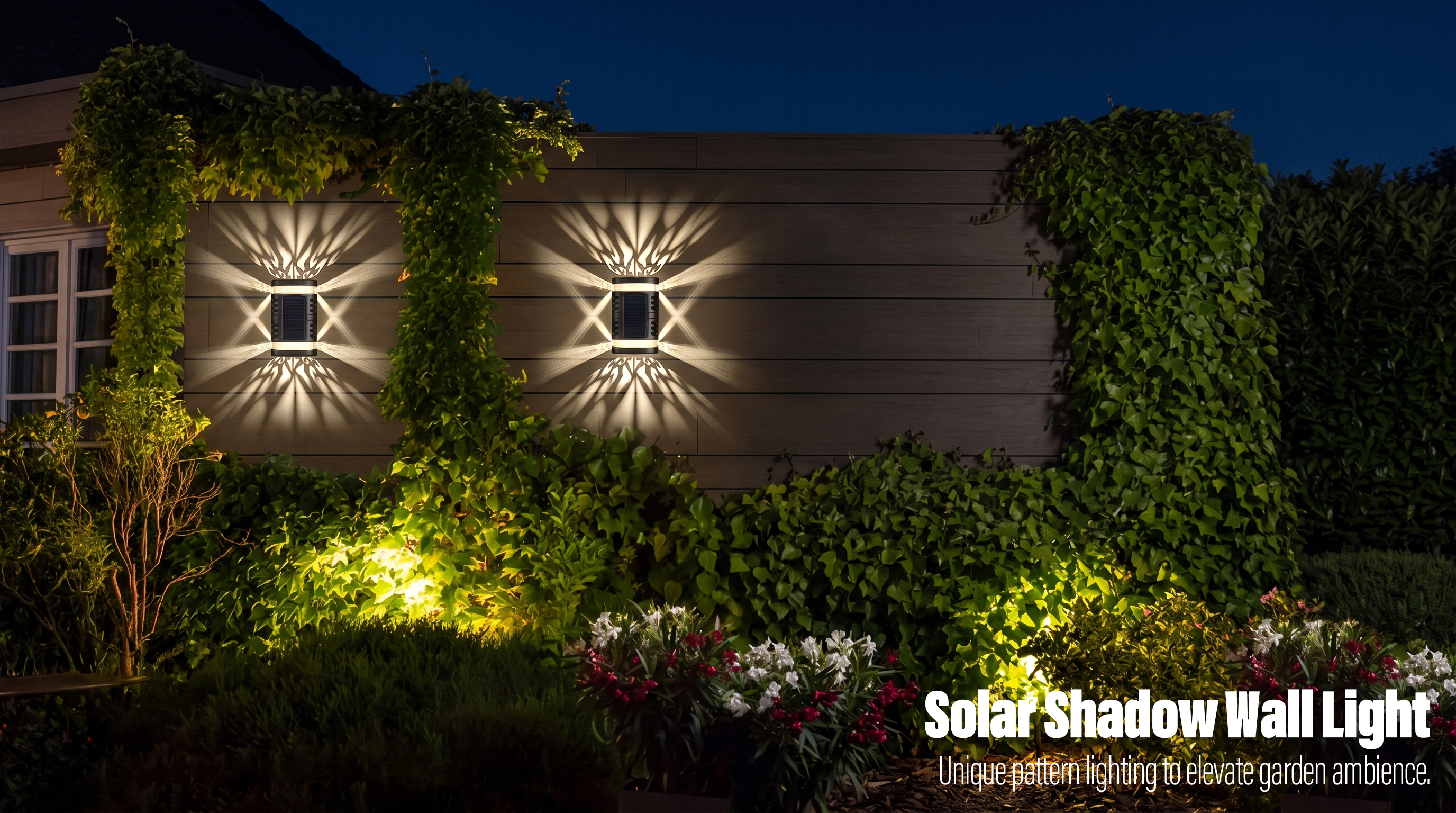Solar wall lights casting decorative burst shadow patterns on a wooden garden wall surrounded by greenery at night.