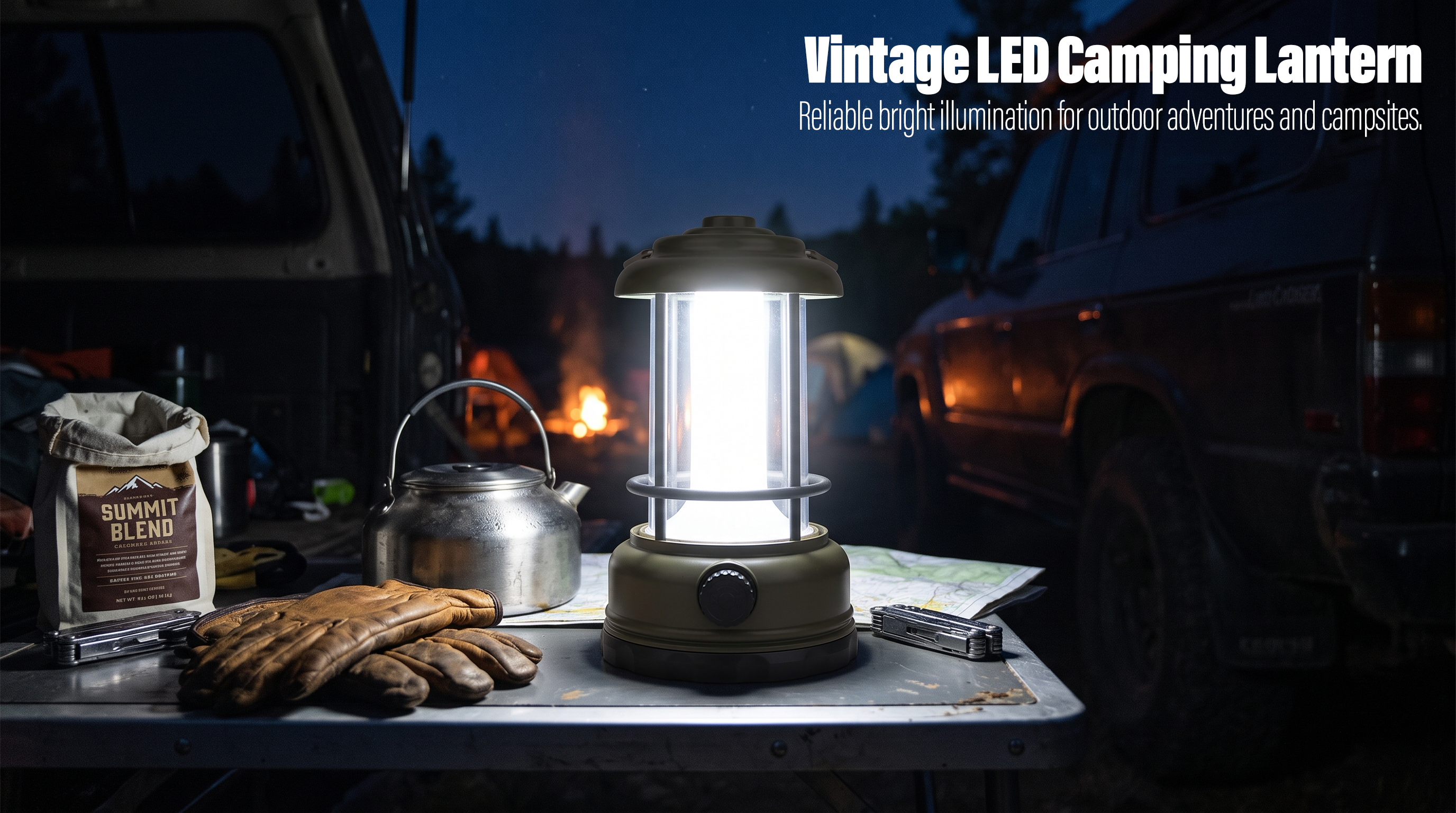 A vintage green rechargeable LED camping lantern glowing brightly on a campsite table at night.