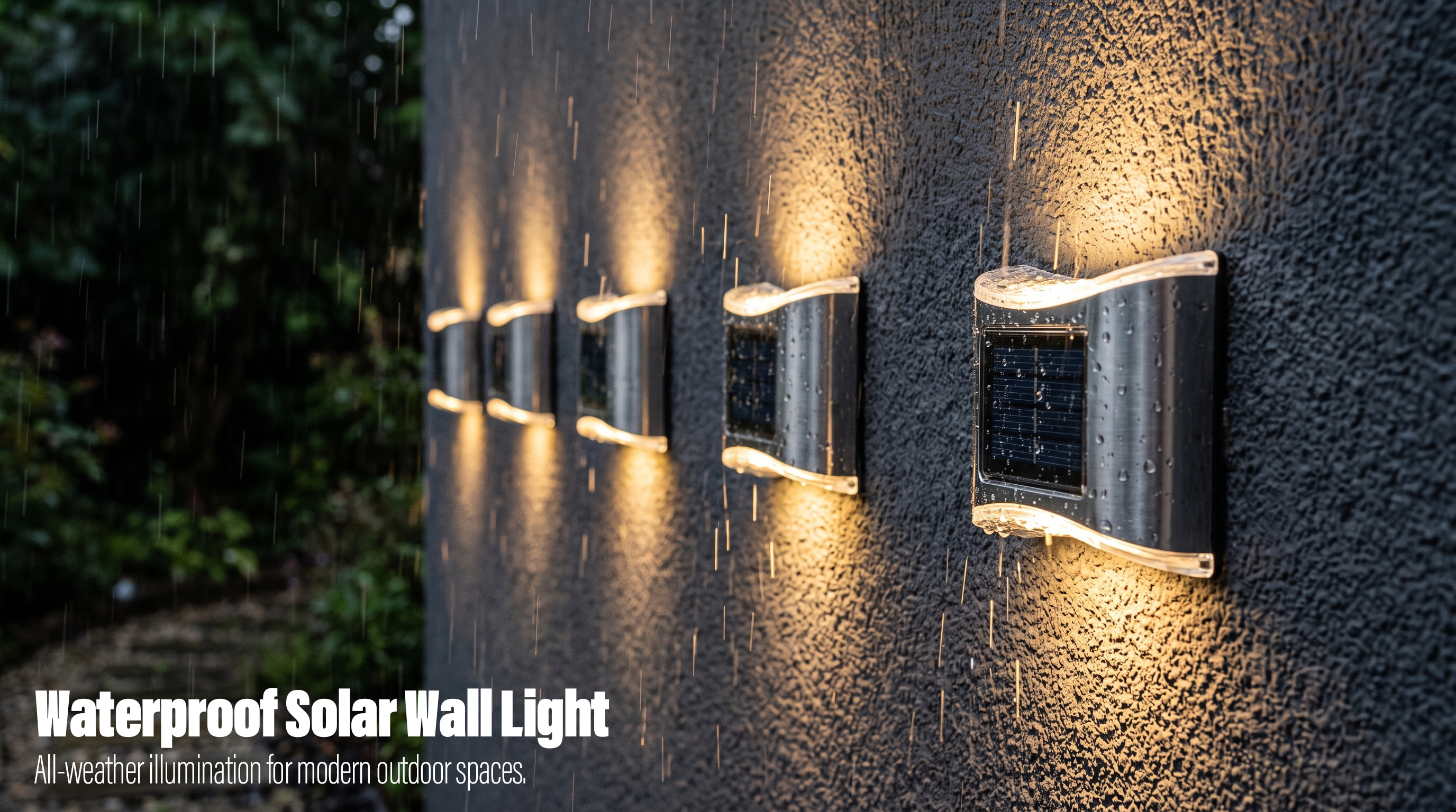 Waterproof solar up and down wall lights glowing warmly on a grey exterior wall in the rain.