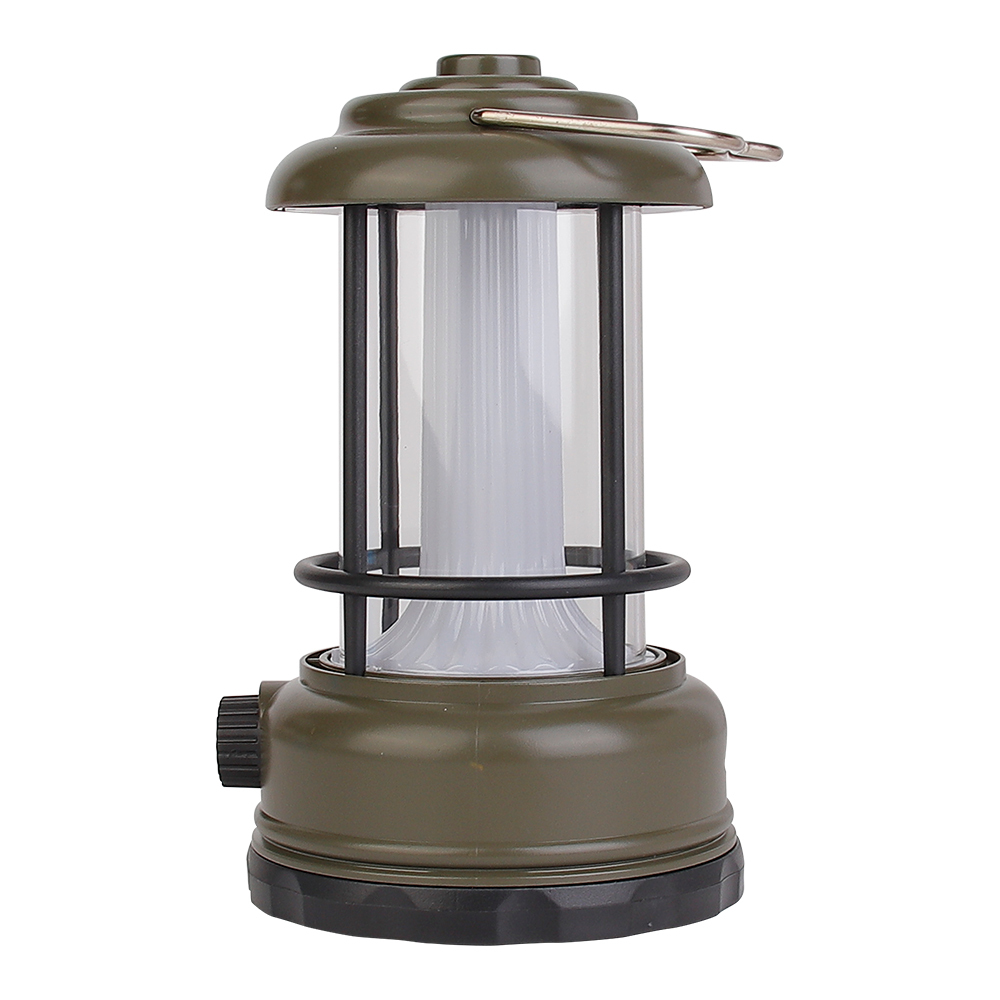 Perspective view of the army green dimmable vintage camping lantern showing the side rotary control knob.